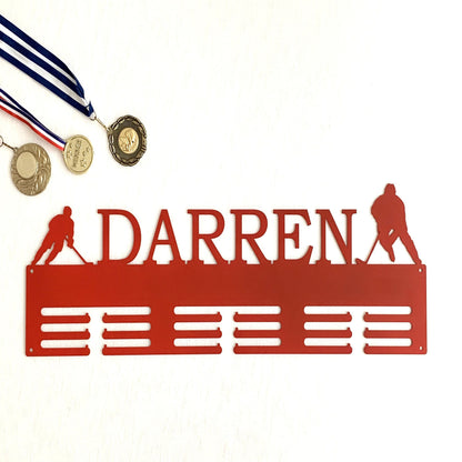 Personalized Hockey Medal Holder - Custom Name Metal Display Rack - Ice Hockey Sports Award Hanger