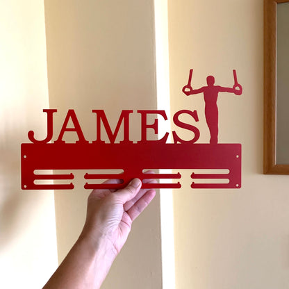 Custom Men’s Gymnastics Medal Holder - Personalized Metal Display Rack with Rings Silhouette
