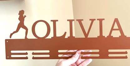 Custom Running Medal Holder - Personalized Name Display Rack for Sports Awards - Female Silhouette