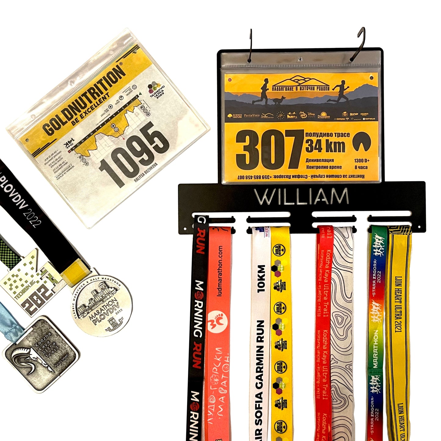 Custom Running Medal Holder with Name or Text - Personalized Race Bib Metal Hanger
