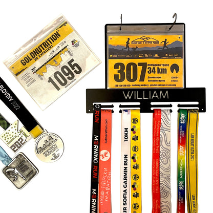 Custom Running Medal Holder with Name or Text - Personalized Race Bib Metal Hanger