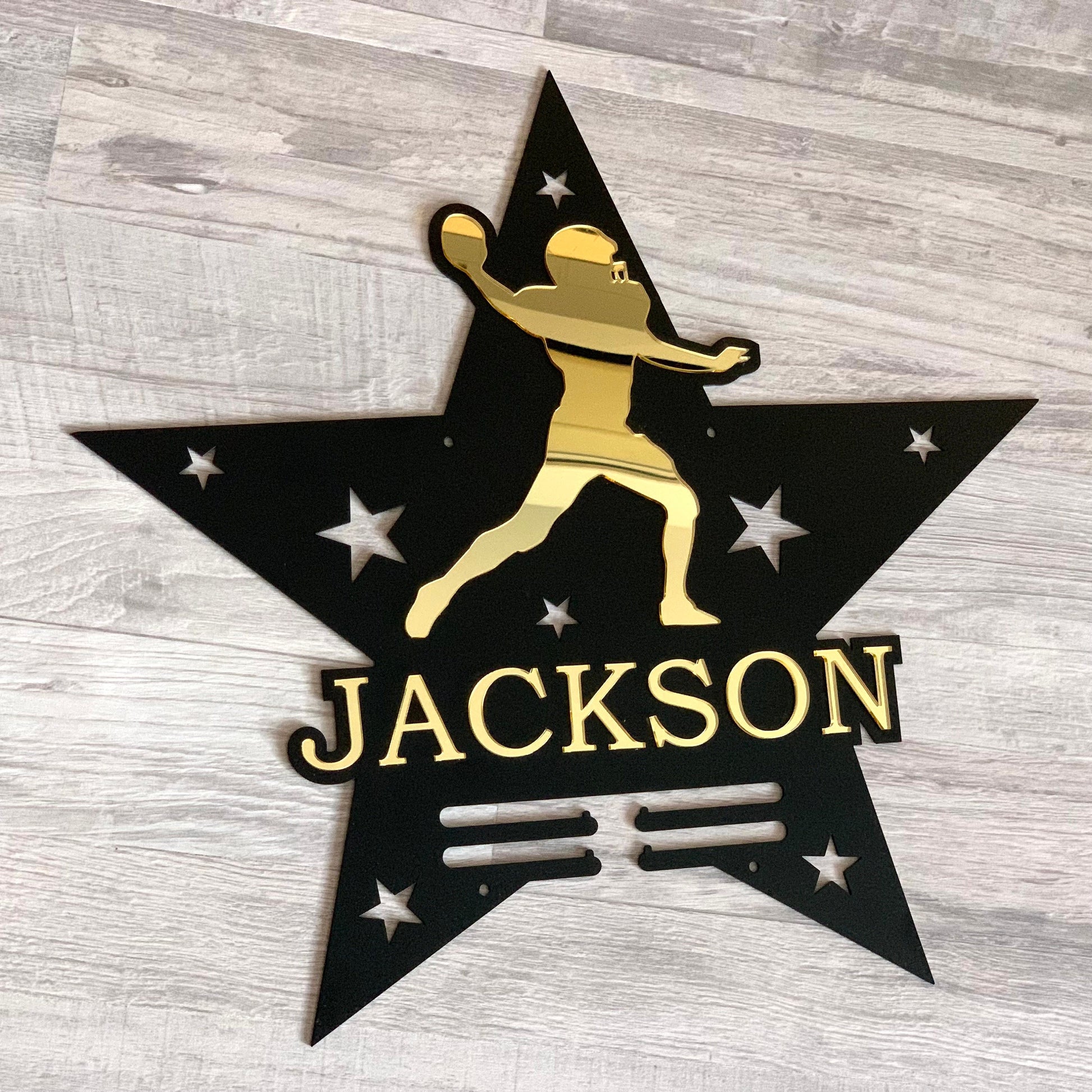 Personalized Football Medal Holder with Custom Name - Display Rack
