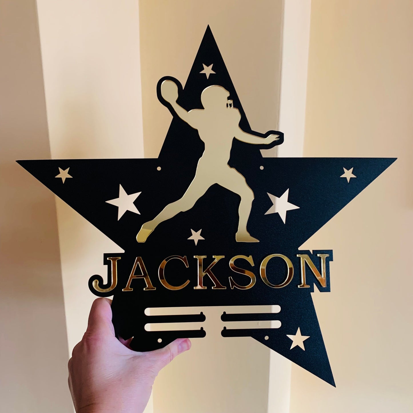 Personalized Football Medal Holder with Custom Name - Display Rack