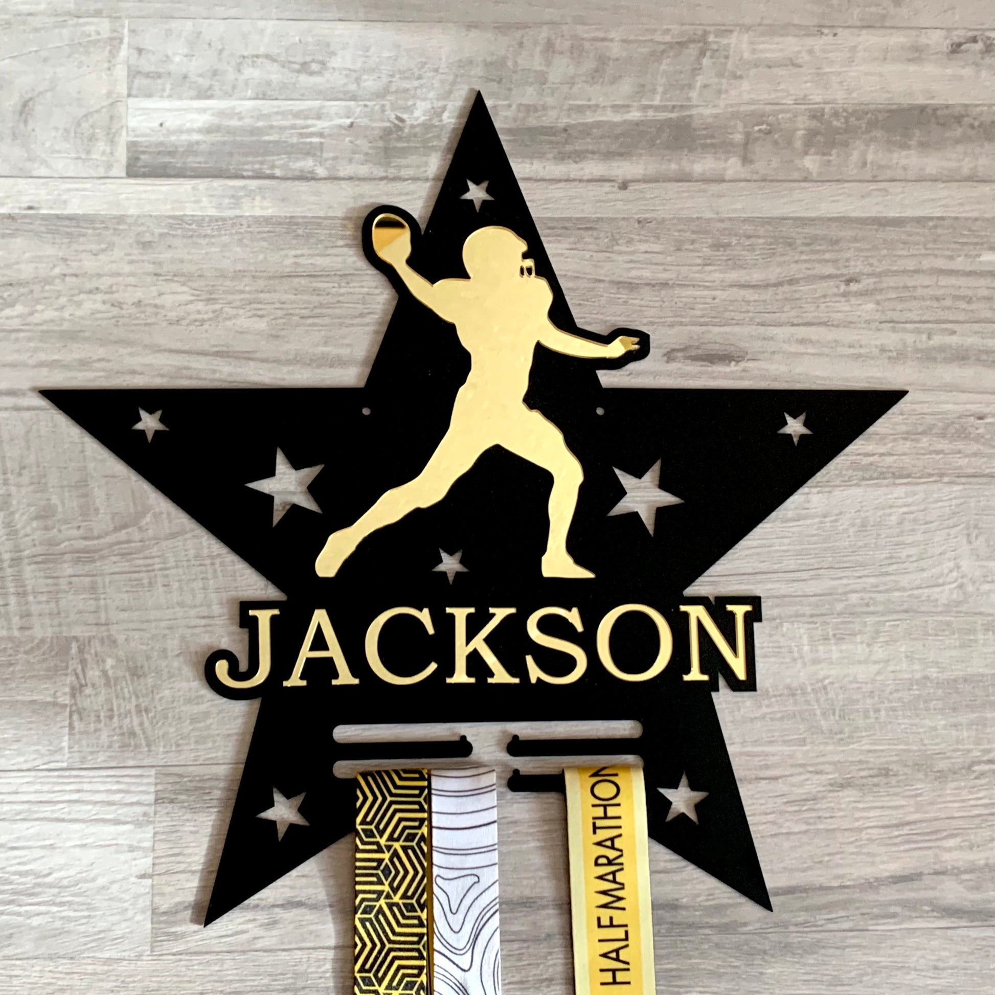 Personalized Football Medal Holder with Custom Name - Display Rack