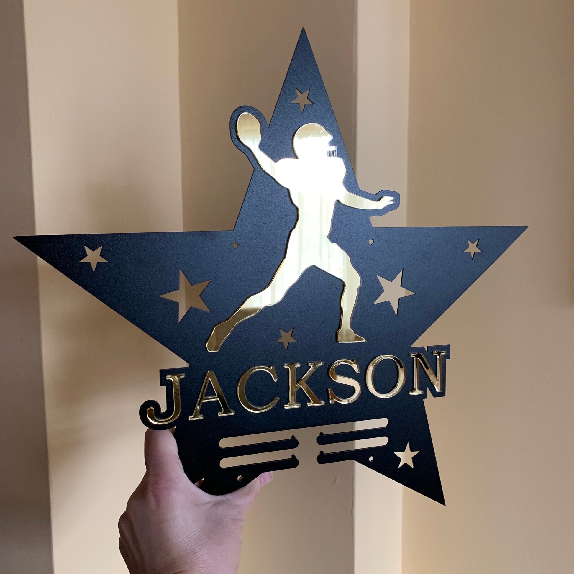 Personalized Football Medal Holder with Custom Name - Display Rack
