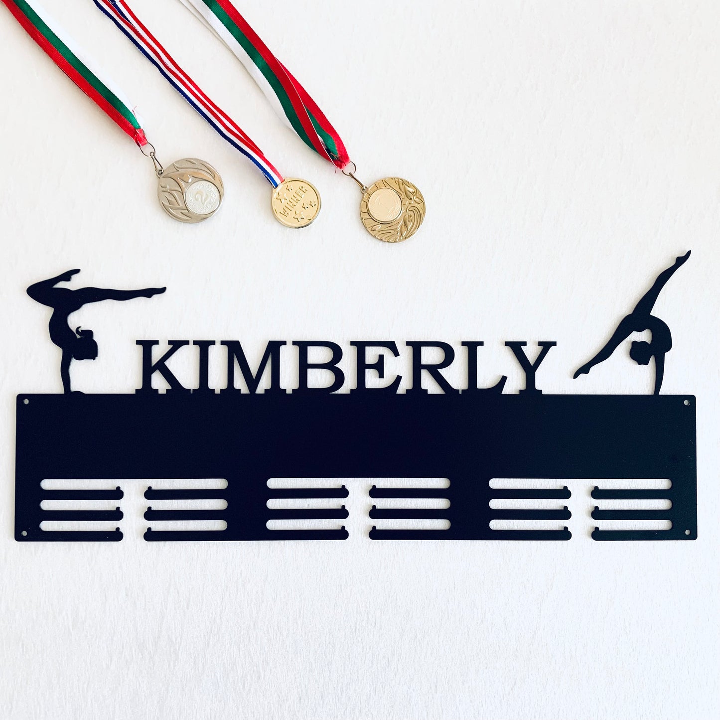 Personalized Gymnastics Medal Holder with Custom Name - Metal Display Rack - 2 Female Figures