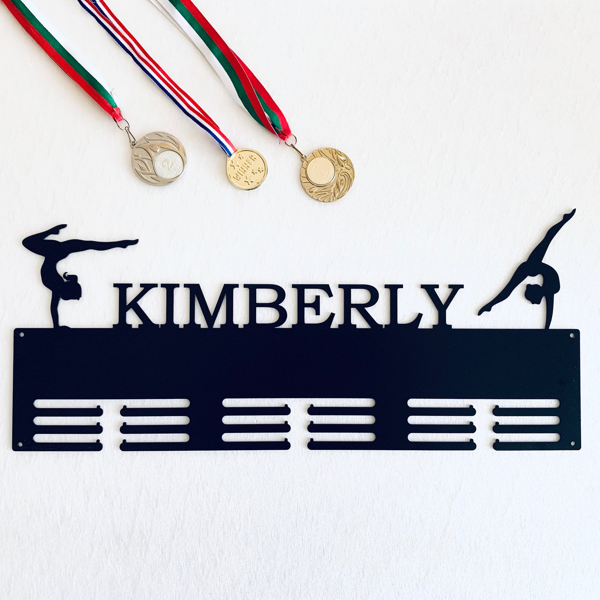 Personalized Gymnastics Medal Holder with Custom Name - Metal Display Rack - 2 Female Figures