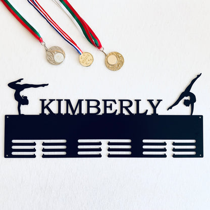 Personalized Gymnastics Medal Holder with Custom Name - Metal Display Rack - 2 Female Figures