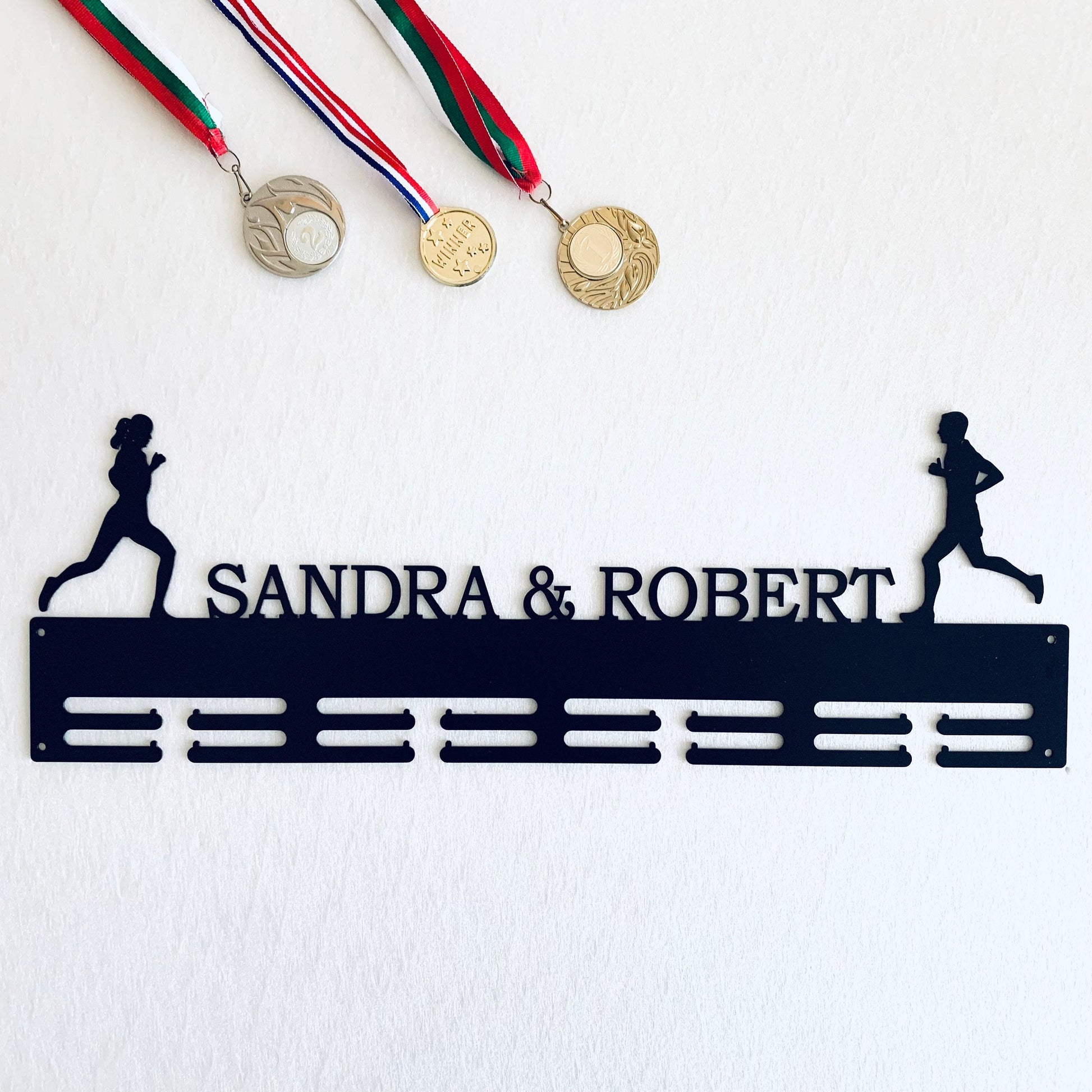 Personalized Running Medal Holder for Couples, Custom Medal Hanger with Two Names