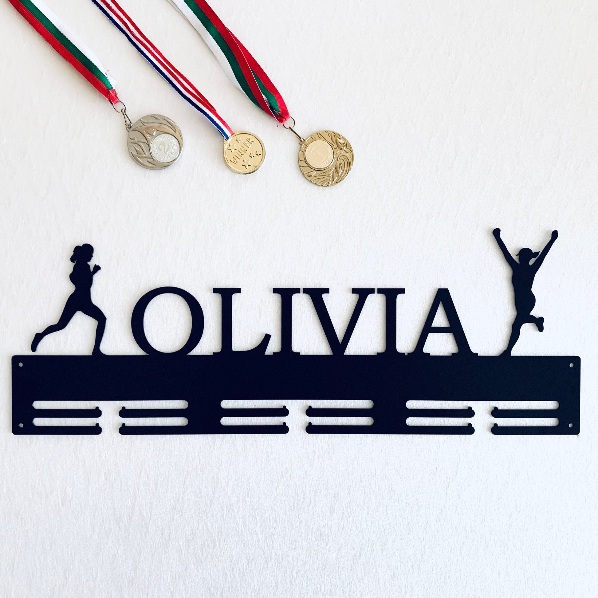 Custom Running Medal Holder, Personalized Name Sports Display Rack - 2 Female Figures Medal Hanger