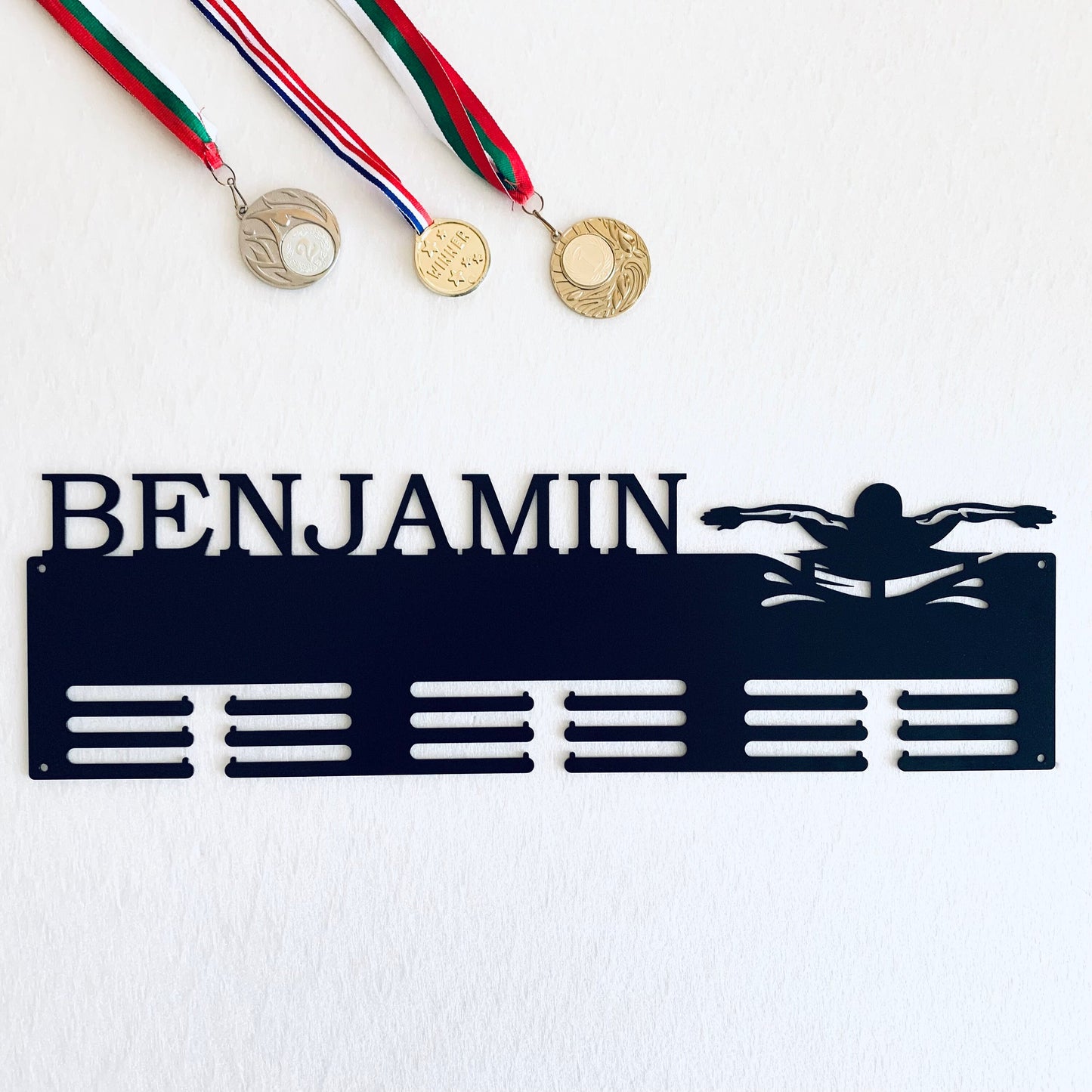 Personalized Swimming Medal Holder with Butterfly Stroke design, Metal Awards Rack for Male Swimmers