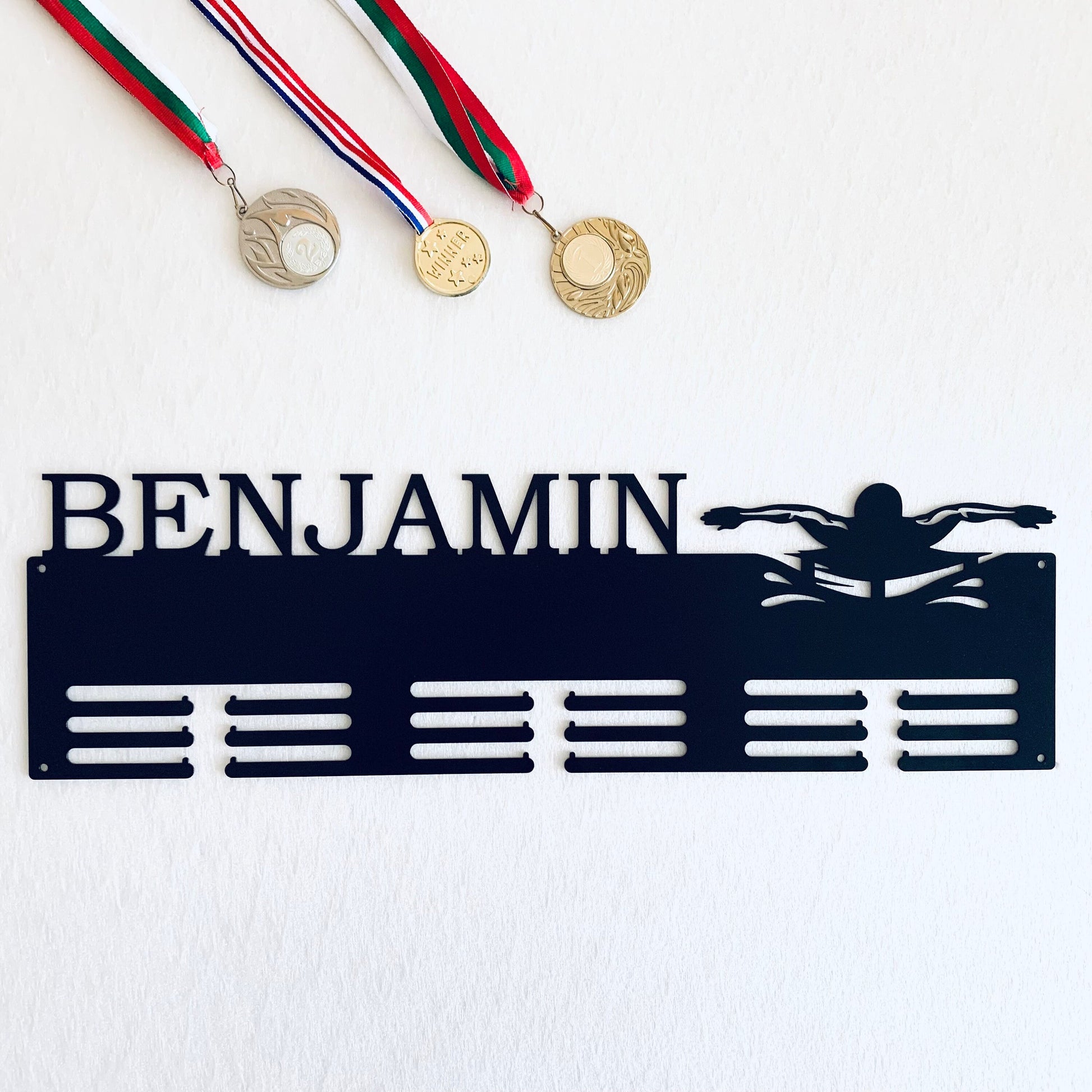 Personalized Swimming Medal Holder with Butterfly Stroke design, Metal Awards Rack for Male Swimmers