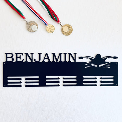 Personalized Swimming Medal Holder with Butterfly Stroke design, Metal Awards Rack for Male Swimmers