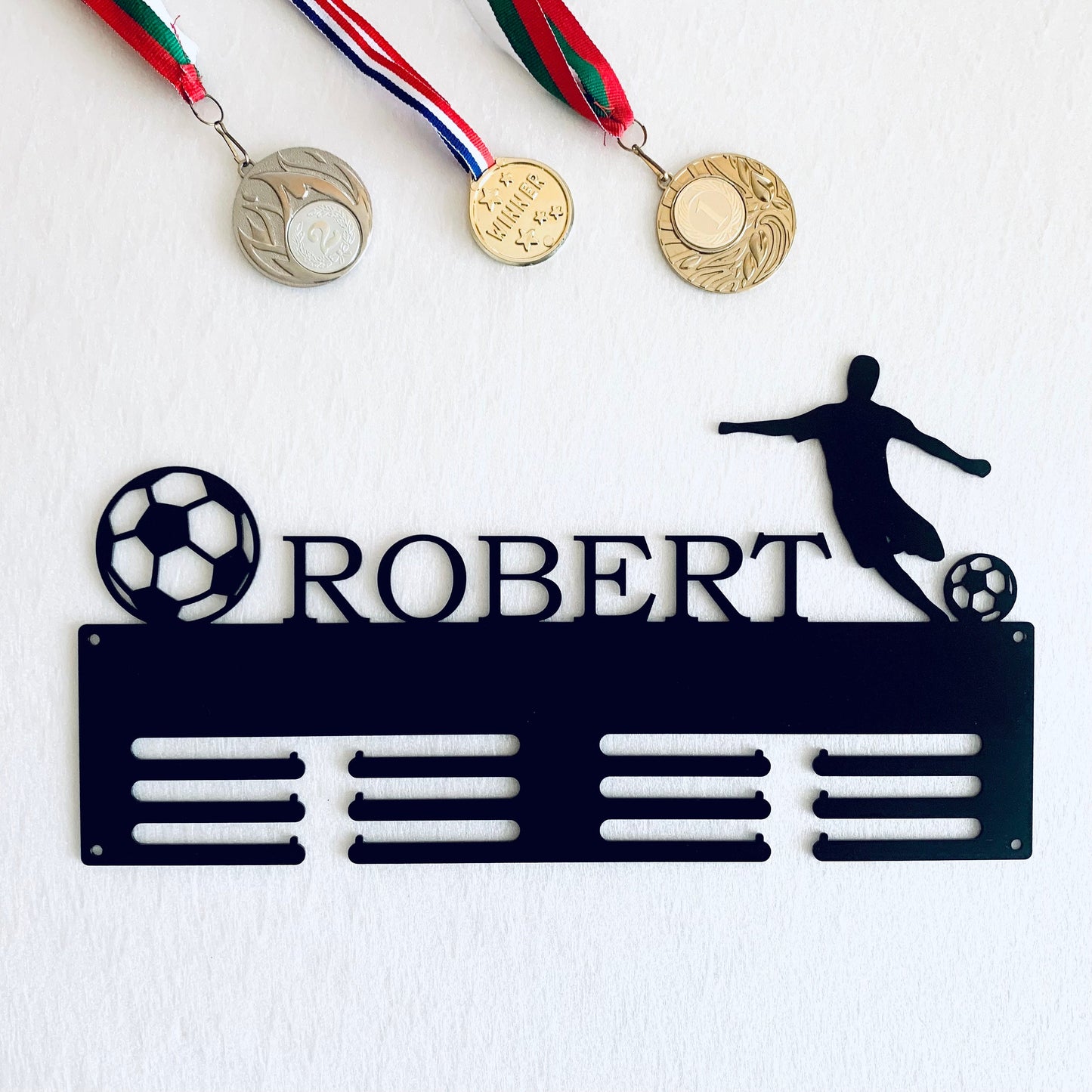 Personalized Soccer Medal Holder, Custom Football Medal Hanger, Metal Sports Award Display