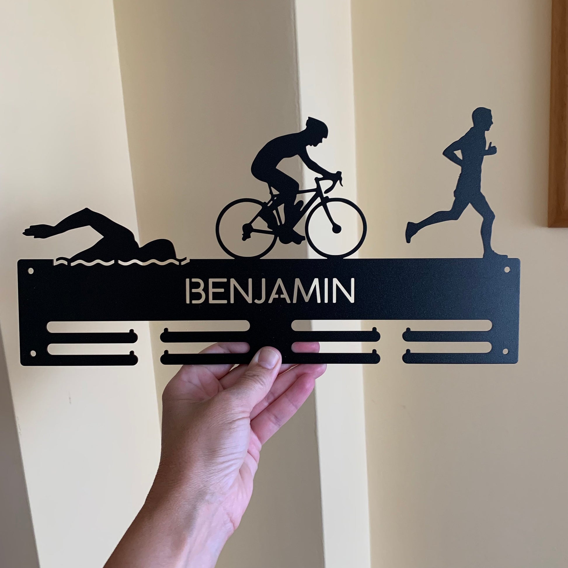 Personalized Triathlon Medal Holder Race Bib Display - Metal Rack Swim Bike Run Athlete Gift