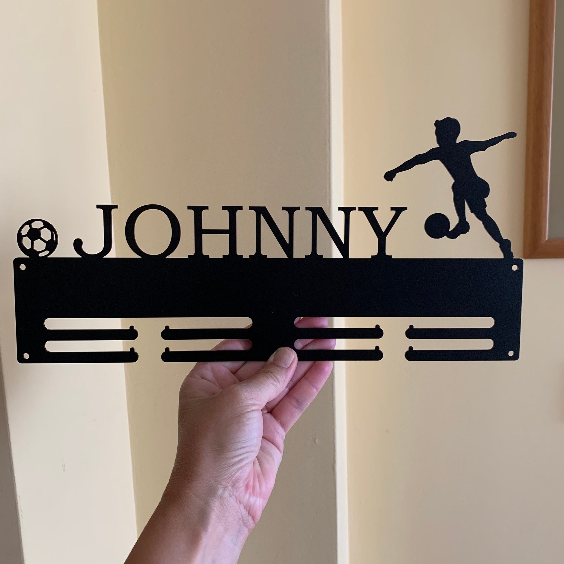 Kids Soccer Medal Holder with Name, Personalized Football Medal Display Rack, Boys, Girls Gift