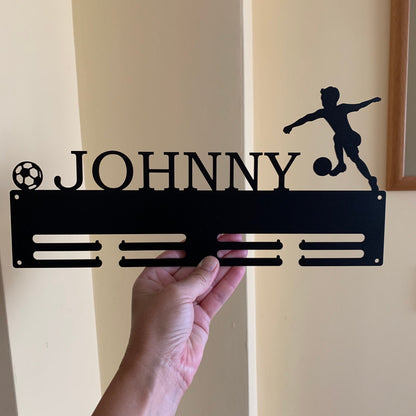 Kids Soccer Medal Holder with Name, Personalized Football Medal Display Rack, Boys, Girls Gift