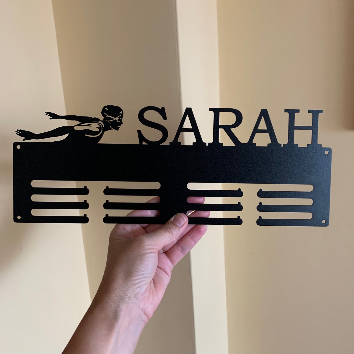 Custom Swimming Medal Holder - Personalized Butterfly Swim Medal Display Hanger - Female Silhouette