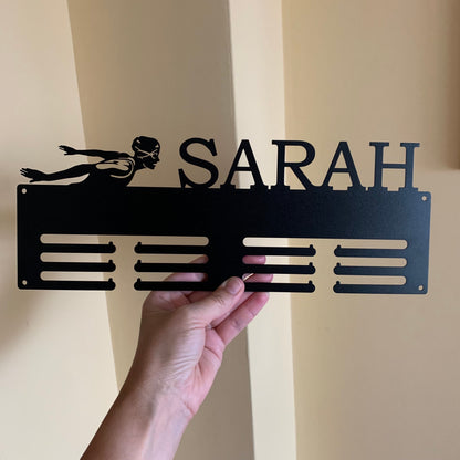 Custom Swimming Medal Holder - Personalized Butterfly Swim Medal Display Hanger - Female Silhouette
