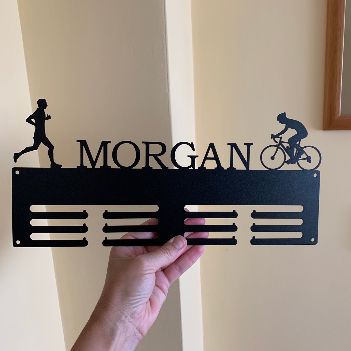 Personalized Cycling & Running Medal Holder - Custom Athlete Display Rack - Metal Hanger