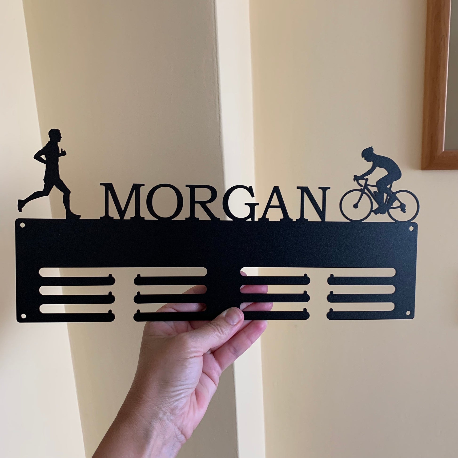 Personalized Cycling & Running Medal Holder - Custom Athlete Display Rack - Metal Hanger