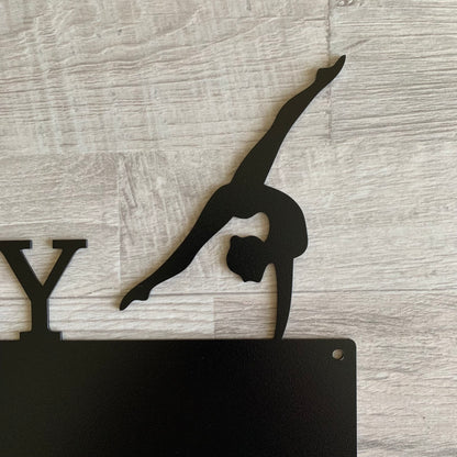 Personalized Gymnastics Medal Holder with Custom Name - Metal Display Rack - 2 Female Figures