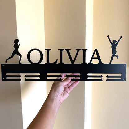 Custom Running Medal Holder, Personalized Name Sports Display Rack - 2 Female Figures Medal Hanger