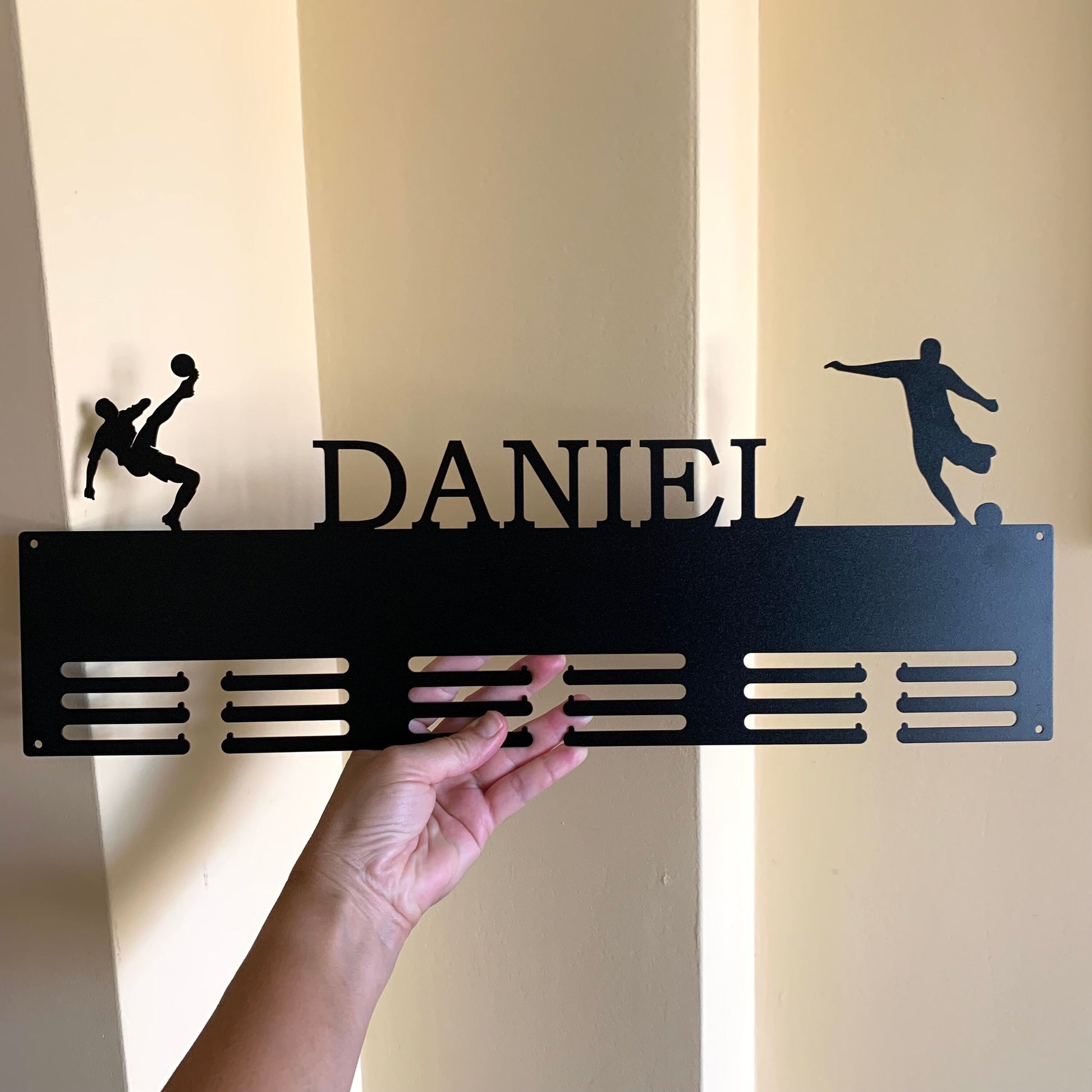 Personalized Soccer Medal Holder with two Players, Custom Name Metal Hanger