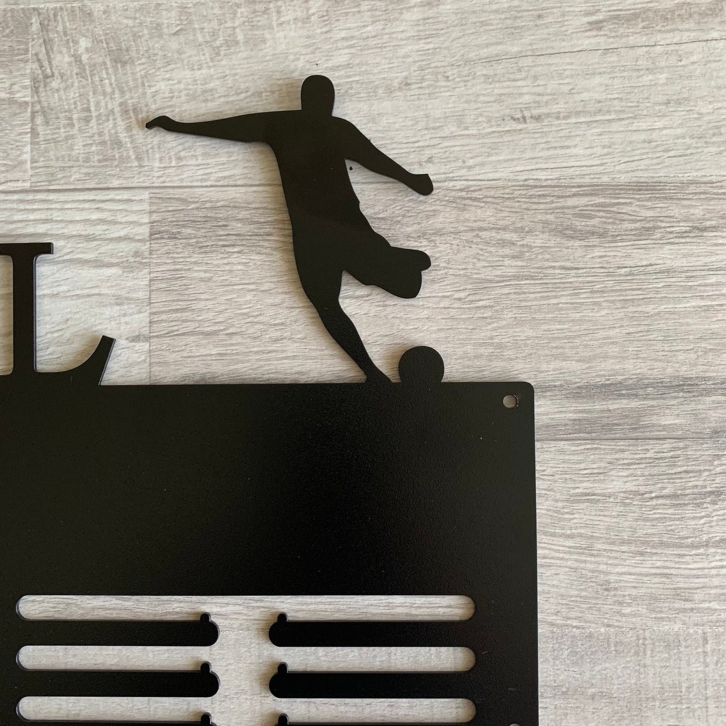 Personalized Soccer Medal Holder with two Players, Custom Name Metal Hanger