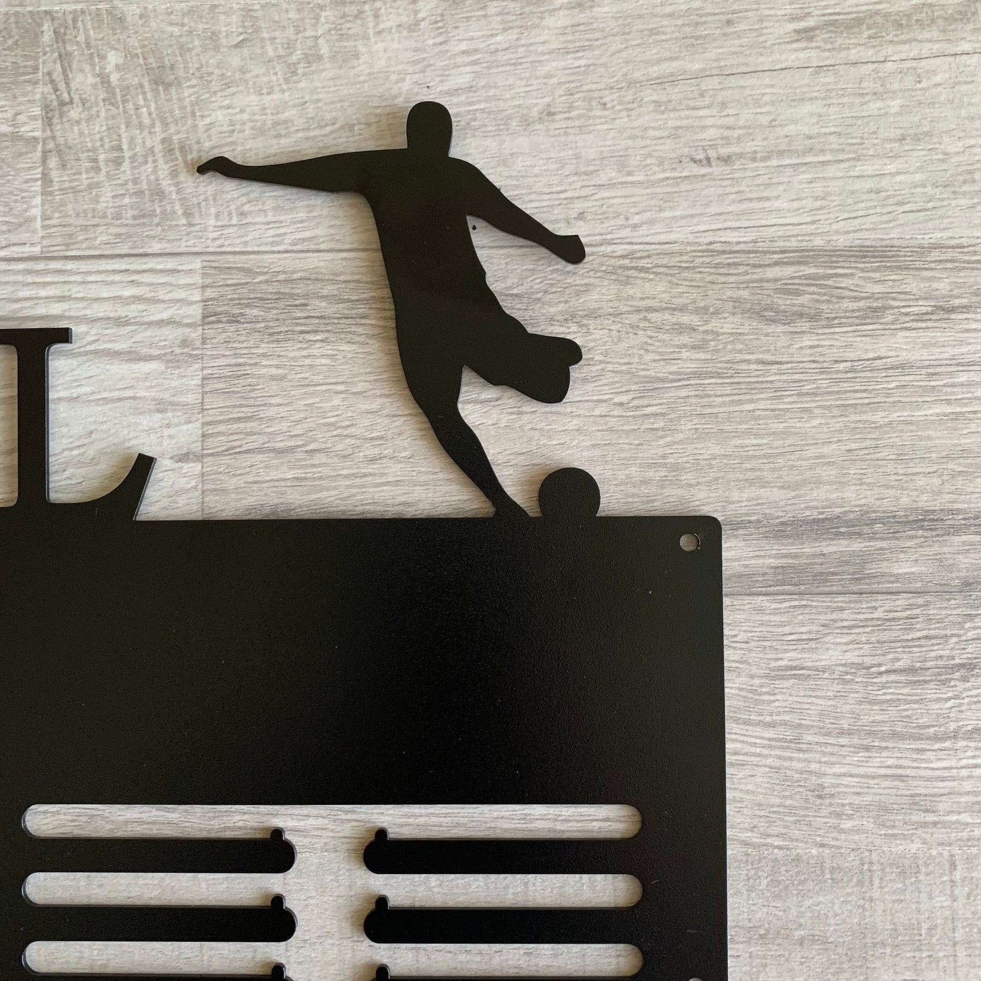 Personalized Soccer Medal Holder with two Players, Custom Name Metal Hanger