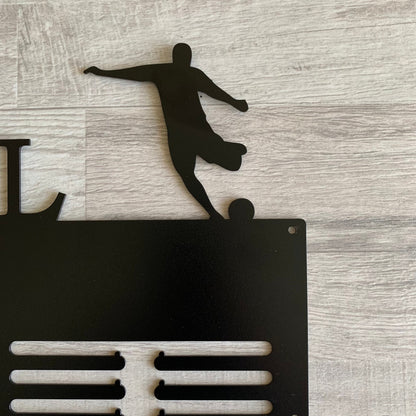 Personalized Soccer Medal Holder with two Players, Custom Name Metal Hanger