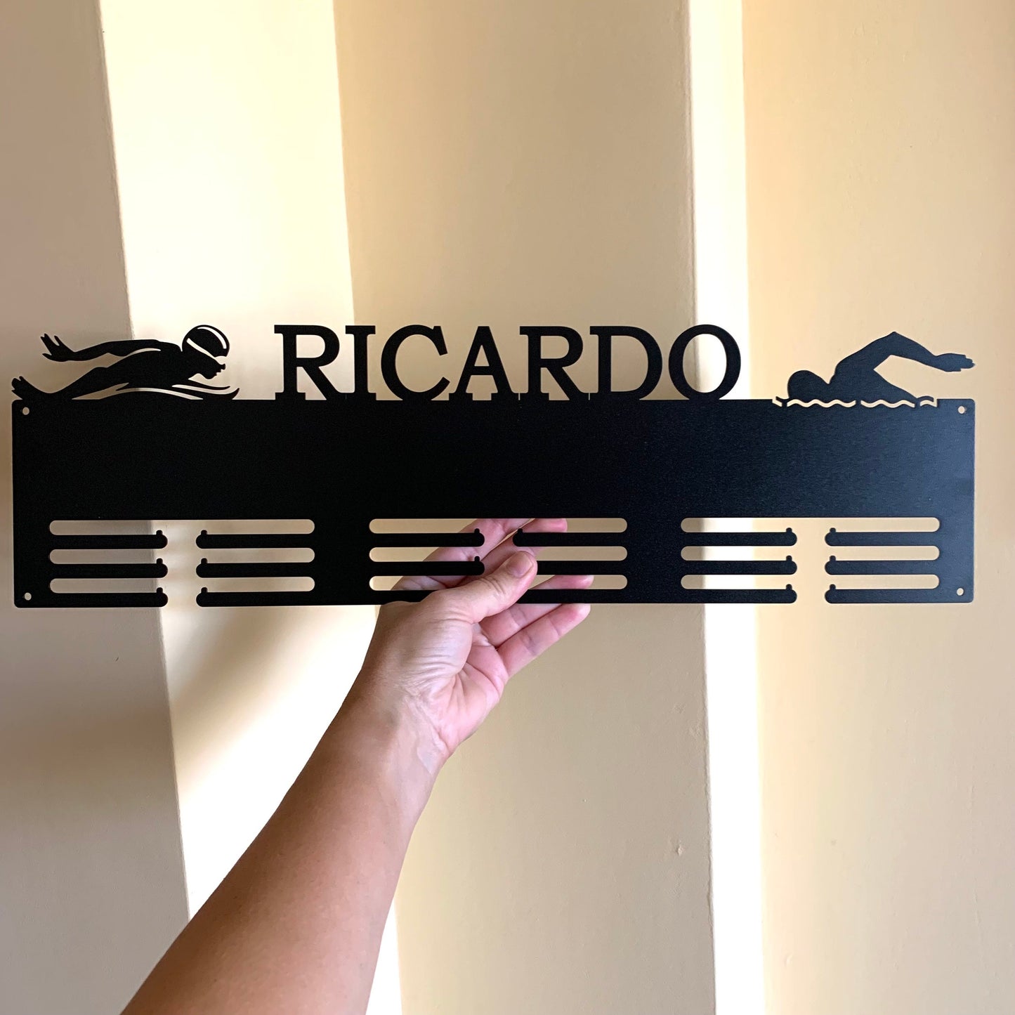 Custom Swimming Medal Holder - Personalized Metal Display Rack with Name - Swim Medal Hanger