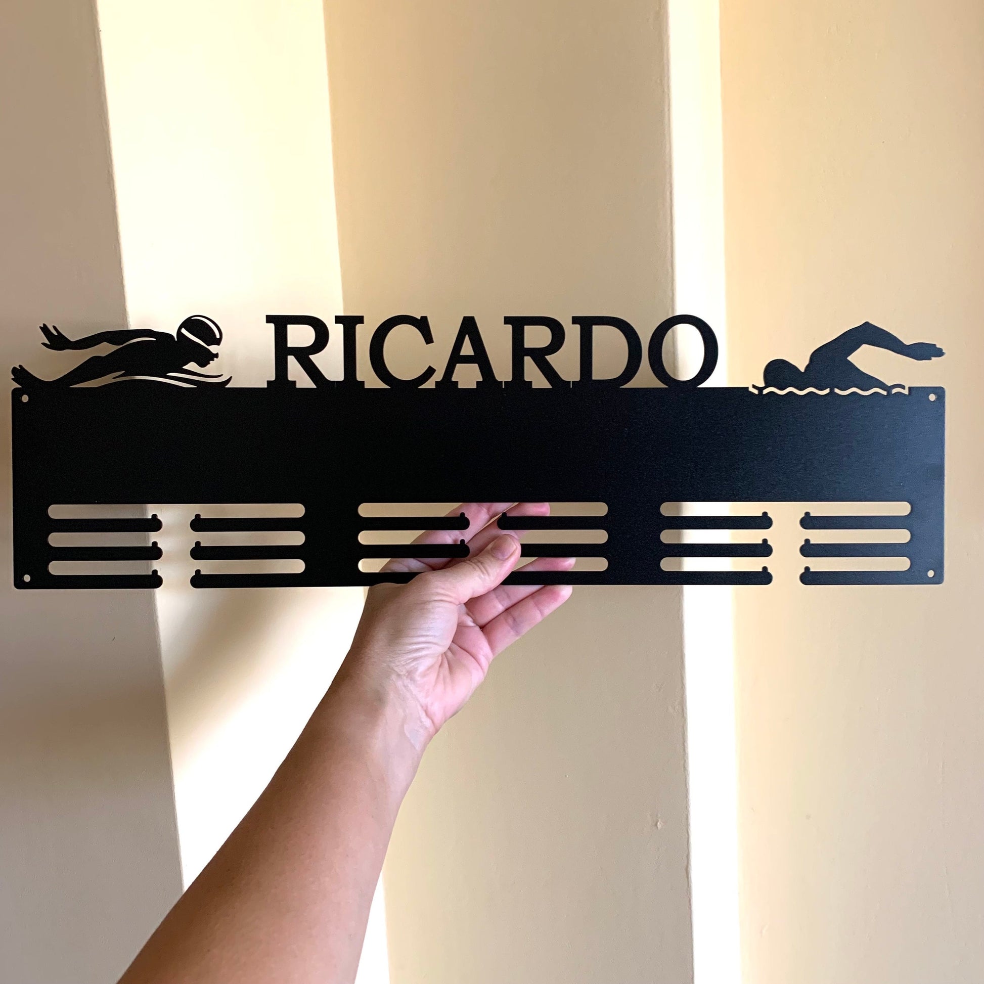 Custom Swimming Medal Holder - Personalized Metal Display Rack with Name - Swim Medal Hanger