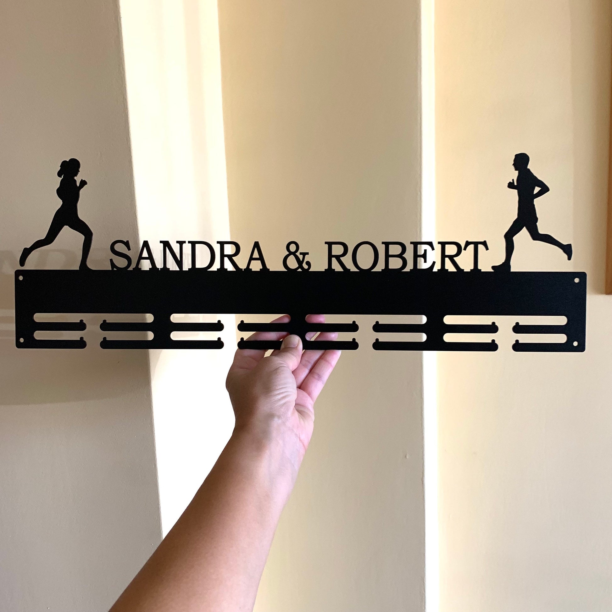 Personalized Running Medal Holder for Couples, Custom Medal Hanger with Two Names