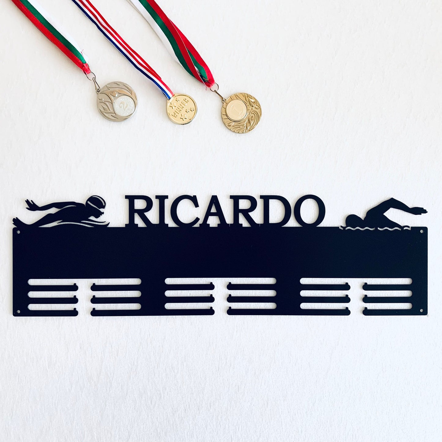 Custom Swimming Medal Holder - Personalized Metal Display Rack with Name - Swim Medal Hanger