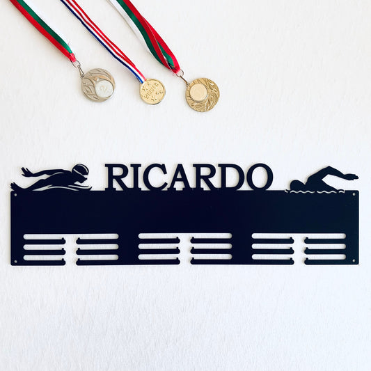 Custom Swimming Medal Holder - Personalized Metal Display Rack with Name - Swim Medal Hanger