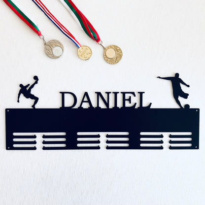 Personalized Soccer Medal Holder with two Players, Custom Name Metal Hanger