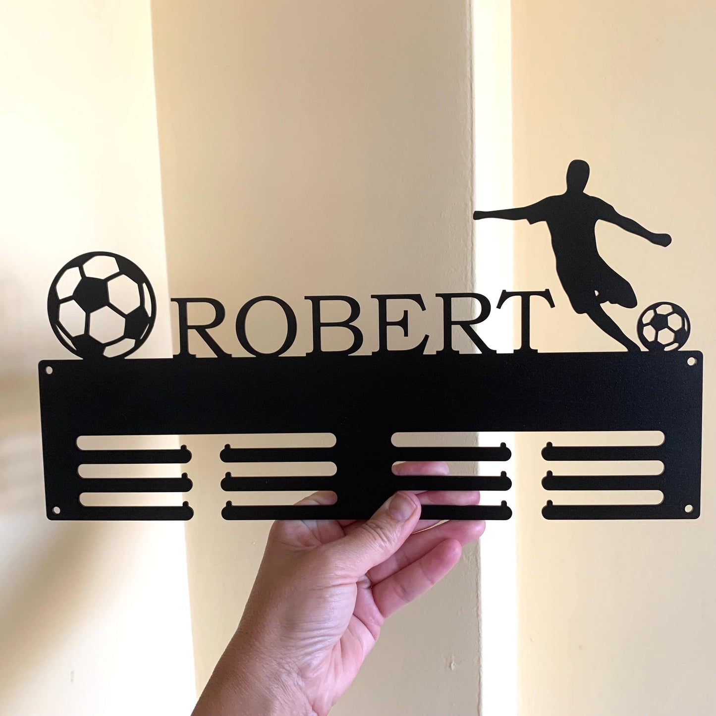 Personalized Soccer Medal Holder, Custom Football Medal Hanger, Metal Sports Award Display