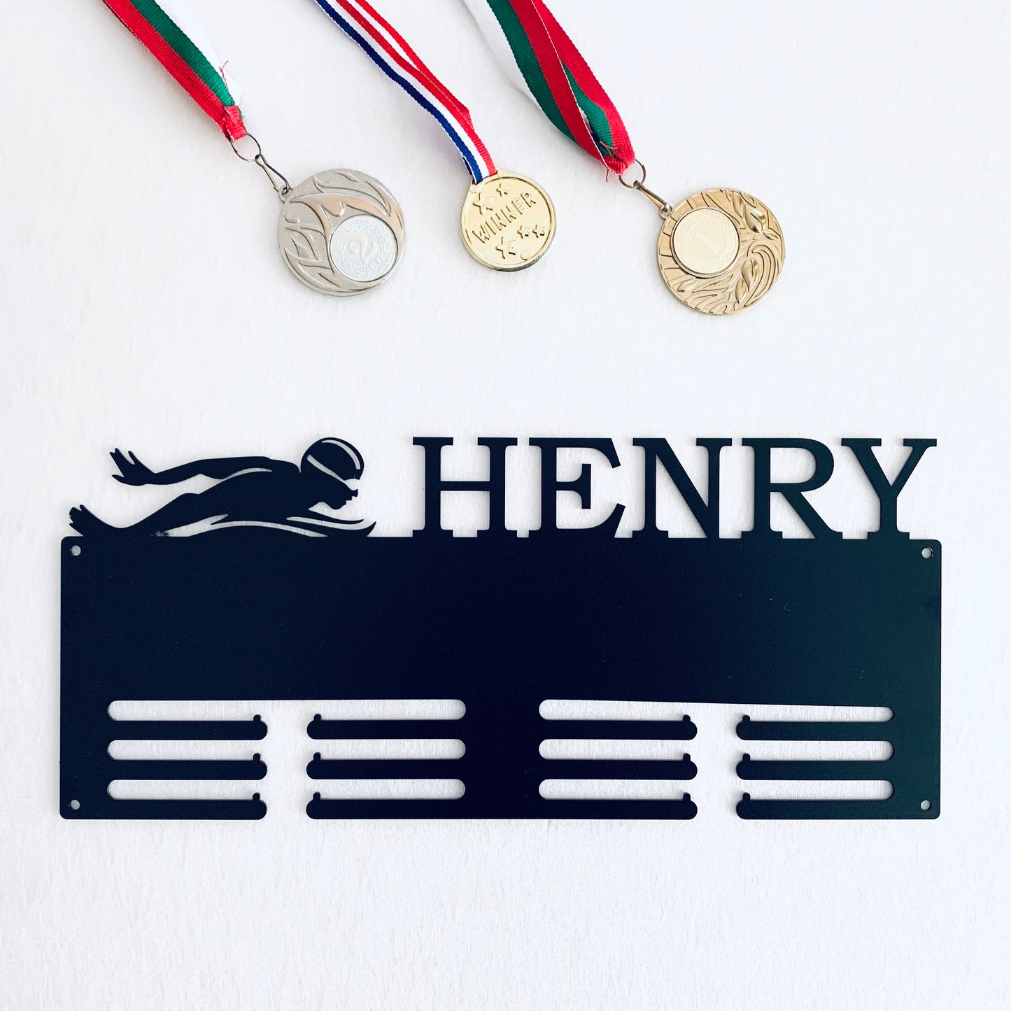 Custom Swimming Medal Holder,  Personalized Butterfly Swim Awards Display Hanger, Male Silhouette