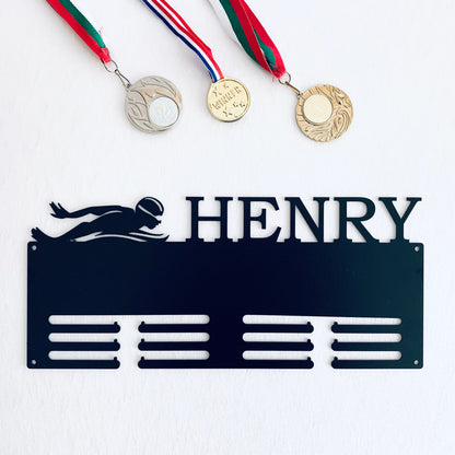 Custom Swimming Medal Holder,  Personalized Butterfly Swim Awards Display Hanger, Male Silhouette