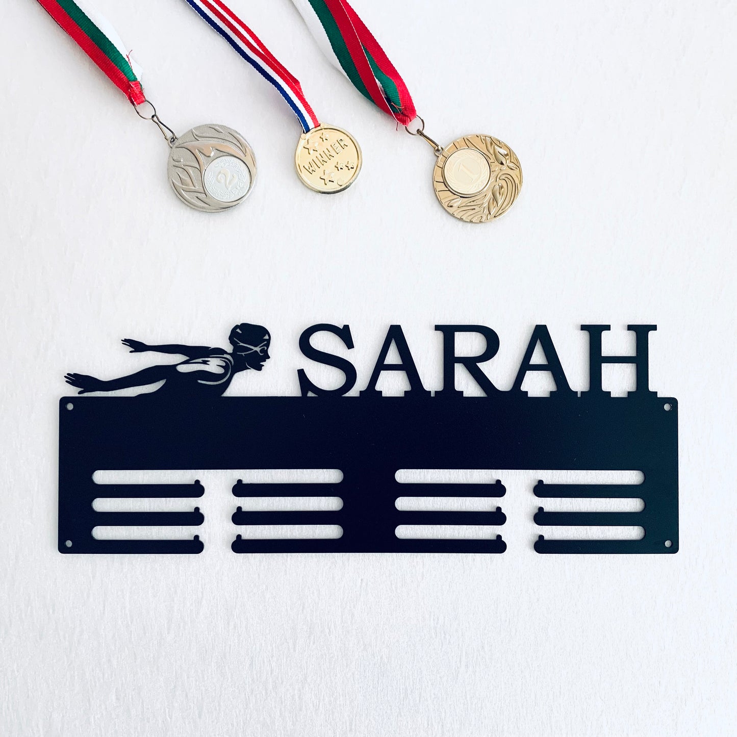 Custom Swimming Medal Holder - Personalized Butterfly Swim Medal Display Hanger - Female Silhouette