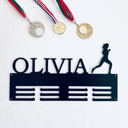 Custom Running Medal Holder - Personalized Name Display Rack for Sports Awards - Female Silhouette