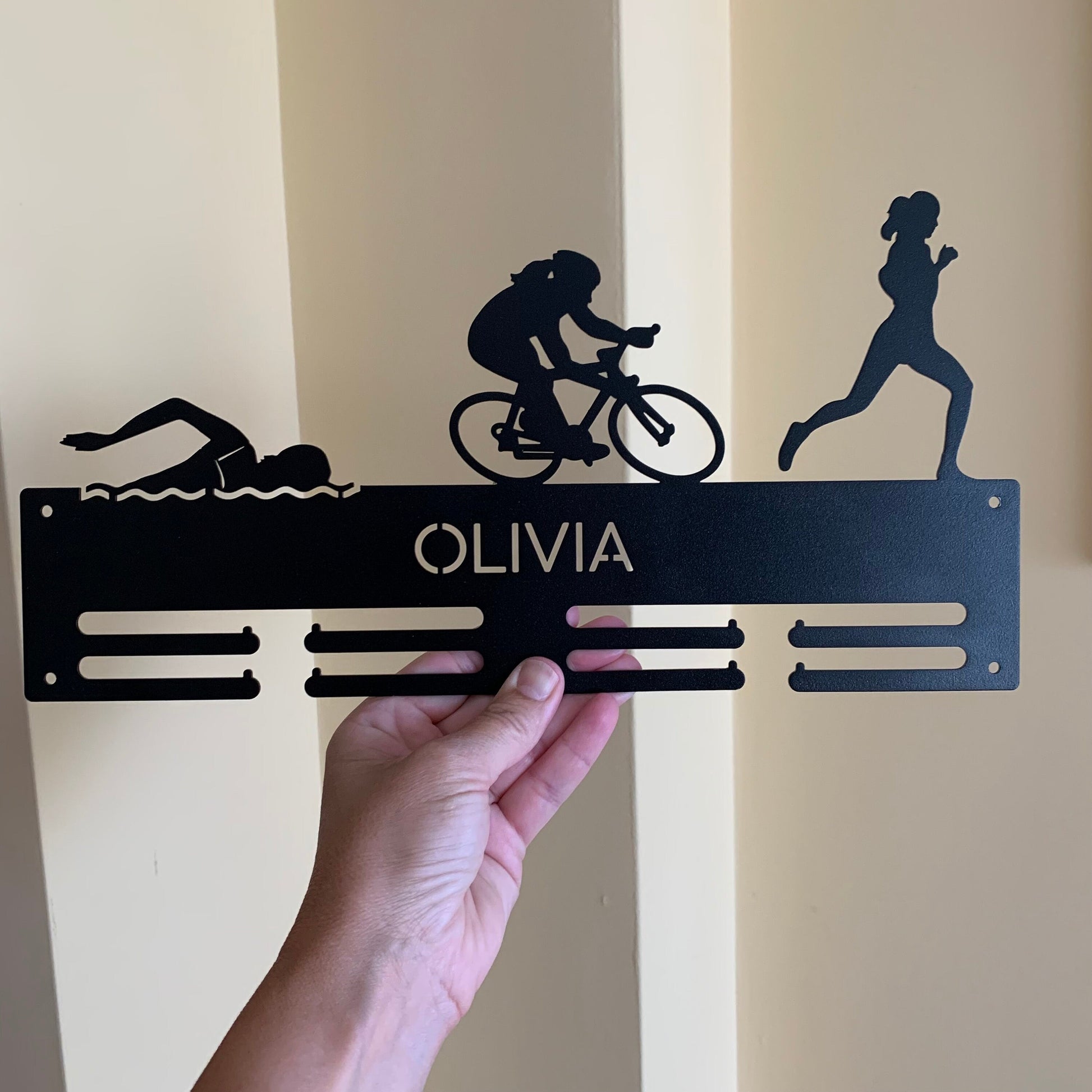 Personalized Triathlon Medal Holder Race Bib Display - Metal Rack Swim Bike Run Athlete Gift