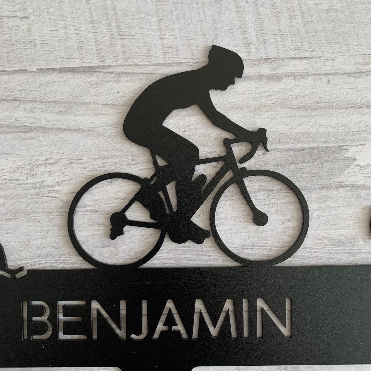 Personalized Triathlon Medal Holder Race Bib Display - Metal Rack Swim Bike Run Athlete Gift