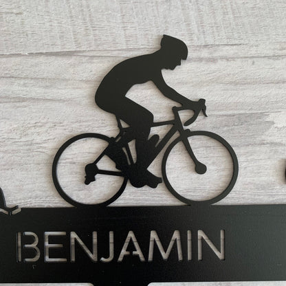 Personalized Triathlon Medal Holder Race Bib Display - Metal Rack Swim Bike Run Athlete Gift