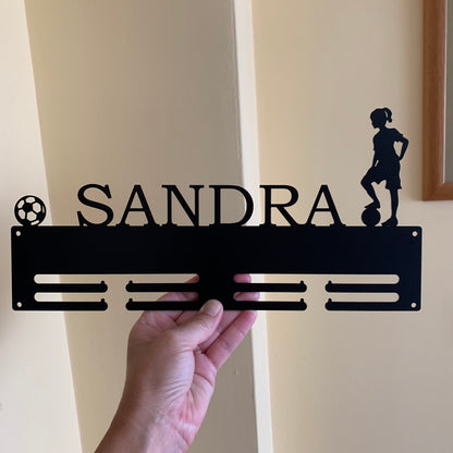 Kids Soccer Medal Holder with Name, Personalized Football Medal Display Rack, Boys, Girls Gift