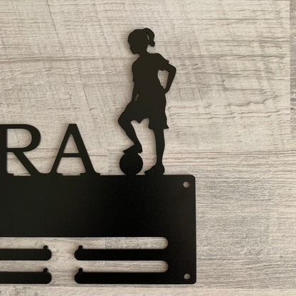 Kids Soccer Medal Holder with Name, Personalized Football Medal Display Rack, Boys, Girls Gift