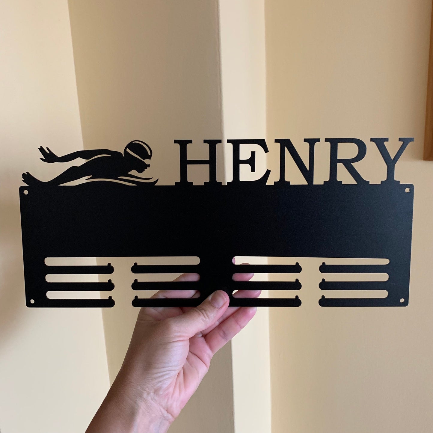 Custom Swimming Medal Holder,  Personalized Butterfly Swim Awards Display Hanger, Male Silhouette