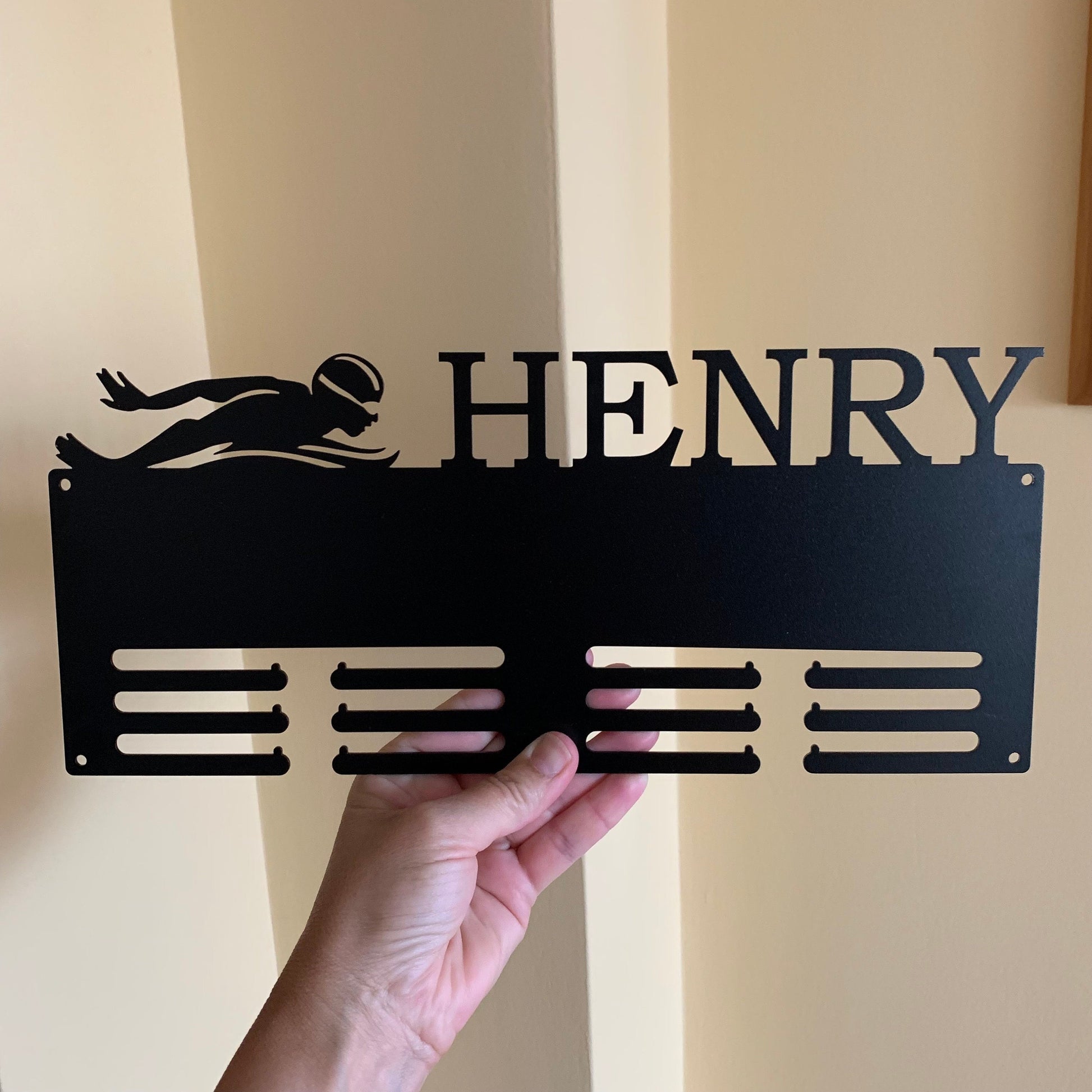 Custom Swimming Medal Holder,  Personalized Butterfly Swim Awards Display Hanger, Male Silhouette
