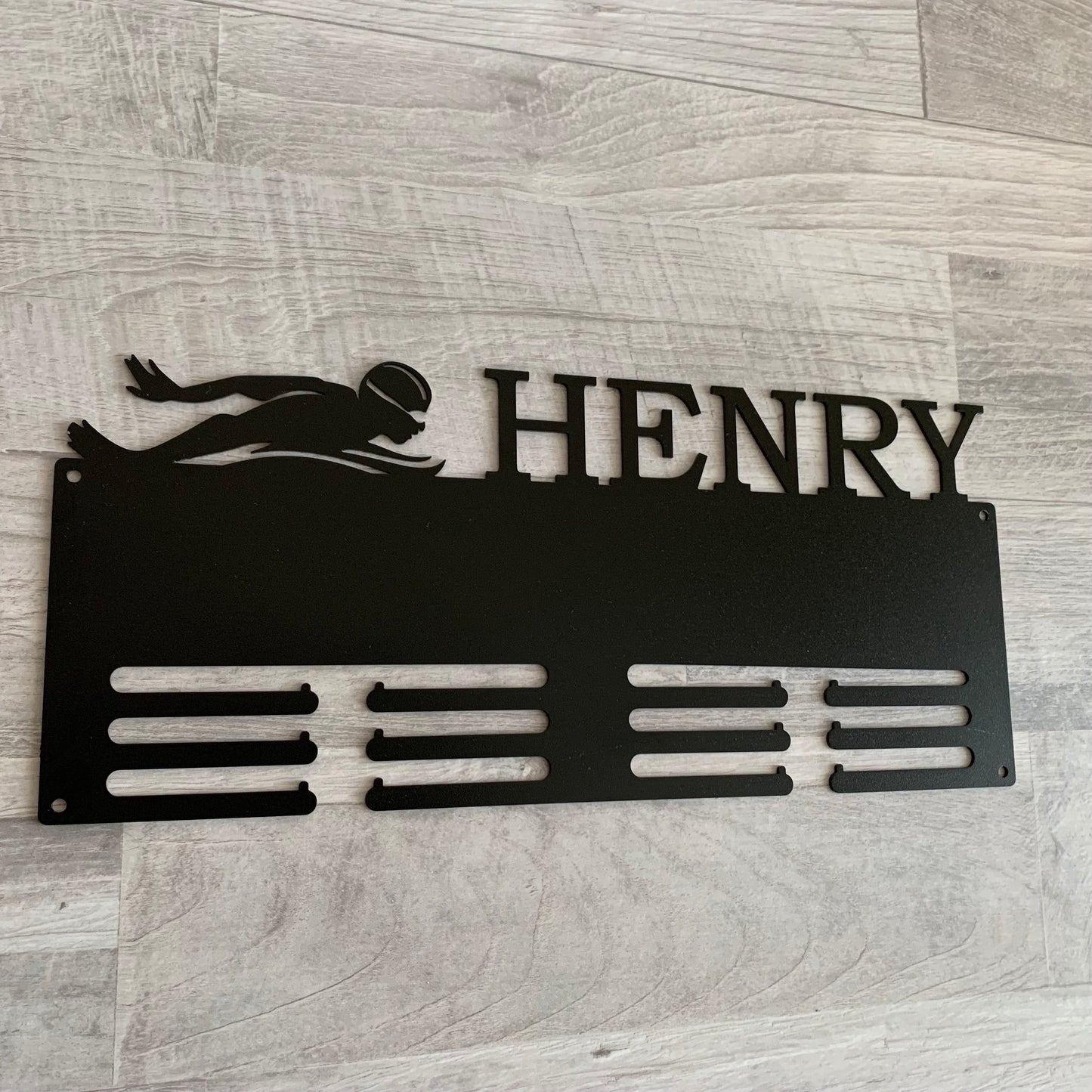 Custom Swimming Medal Holder,  Personalized Butterfly Swim Awards Display Hanger, Male Silhouette